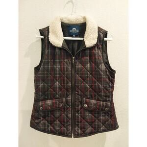 British Khaki Cozy Black Grey Red Plaid Vest with Sherpa Collar Size M SALE!!!